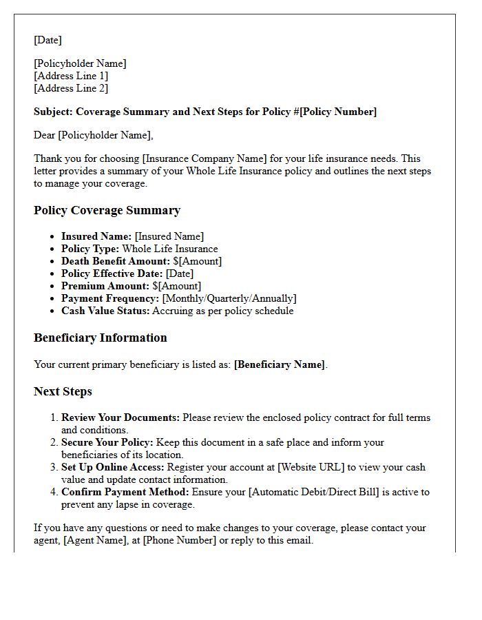 Whole Life Insurance Policy Coverage Summary and Next Steps Letter