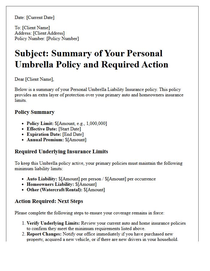 Personal Umbrella Policy Summary and Action Required Next Steps Letter