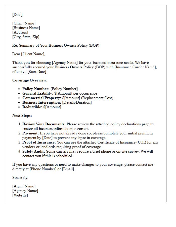 Business Owners Policy Coverage Summary and Next Steps Letter