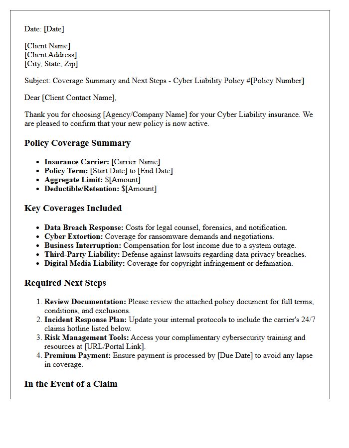 Cyber Liability New Policy Coverage Summary and Next Steps Letter
