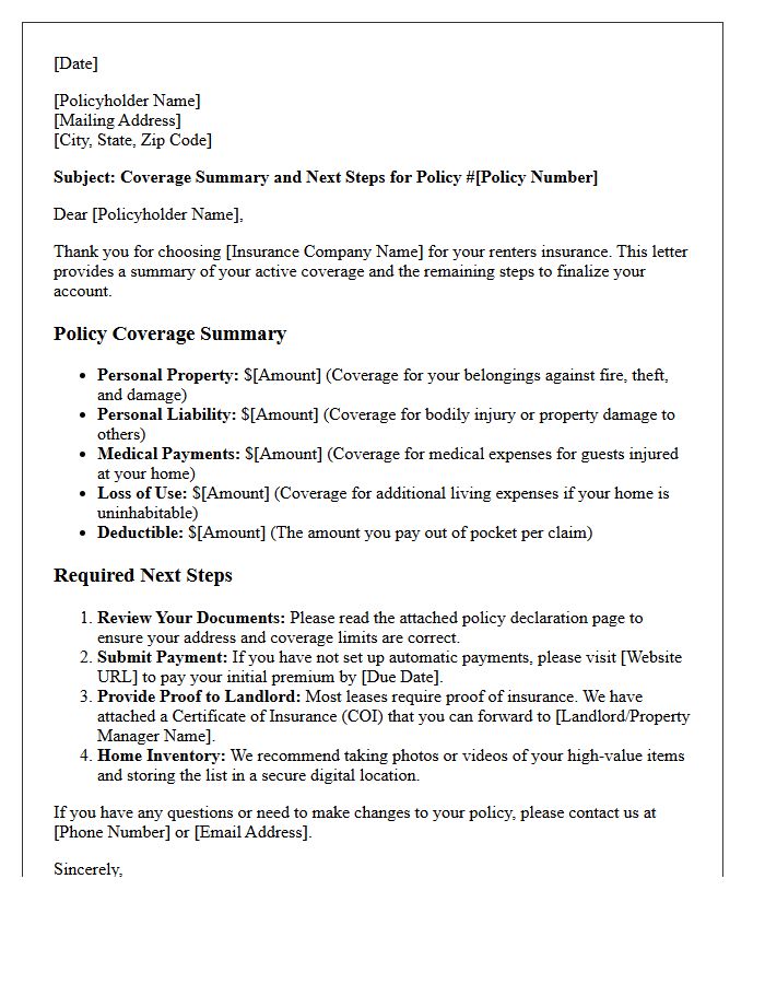 Renters Insurance Policy Coverage Summary and Next Steps Letter