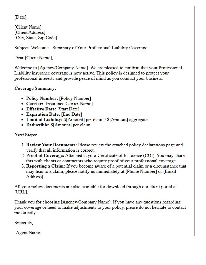Professional Liability Coverage Summary and Next Steps Welcome Letter