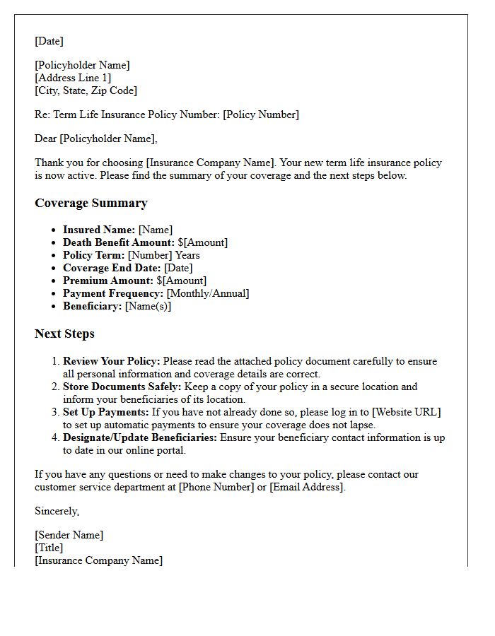 Term Life New Policy Coverage Summary and Next Steps Letter