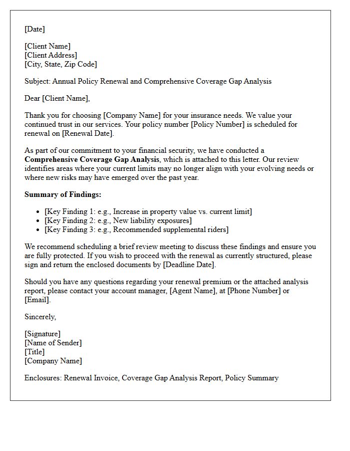 Annual Policy Renewal Letter Accompanied by a Comprehensive Coverage Gap Analysis Report