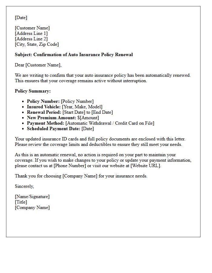 Auto-Renewal Confirmation Letter for Auto Insurance Policy