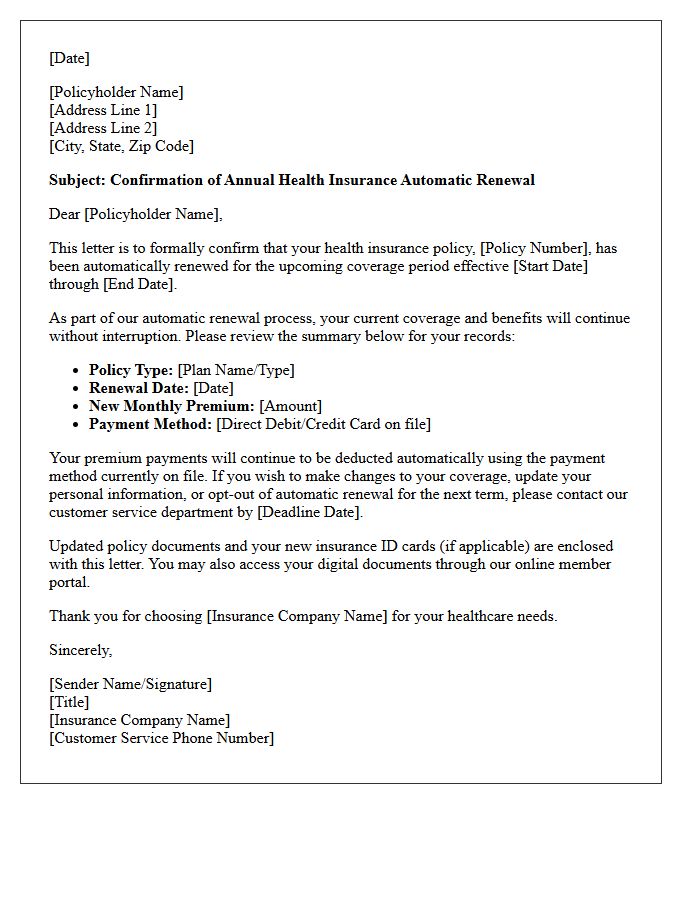 Annual Health Insurance Automatic Renewal Confirmation Letter