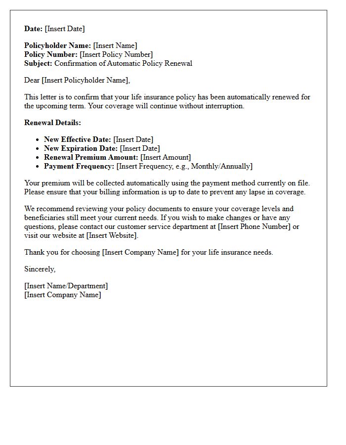 Life Insurance Automatic Policy Renewal Confirmation Letter