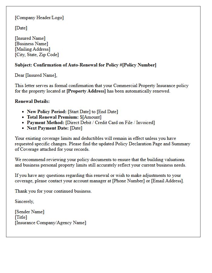 Commercial Property Insurance Auto-Renewal Confirmation Letter