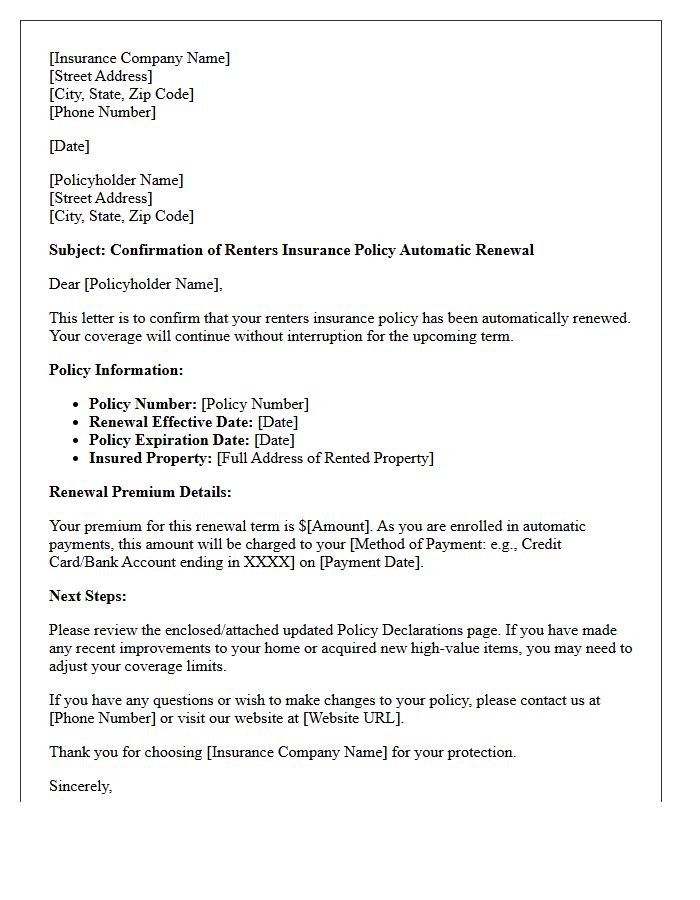 Renters Insurance Automatic Policy Renewal Confirmation Letter