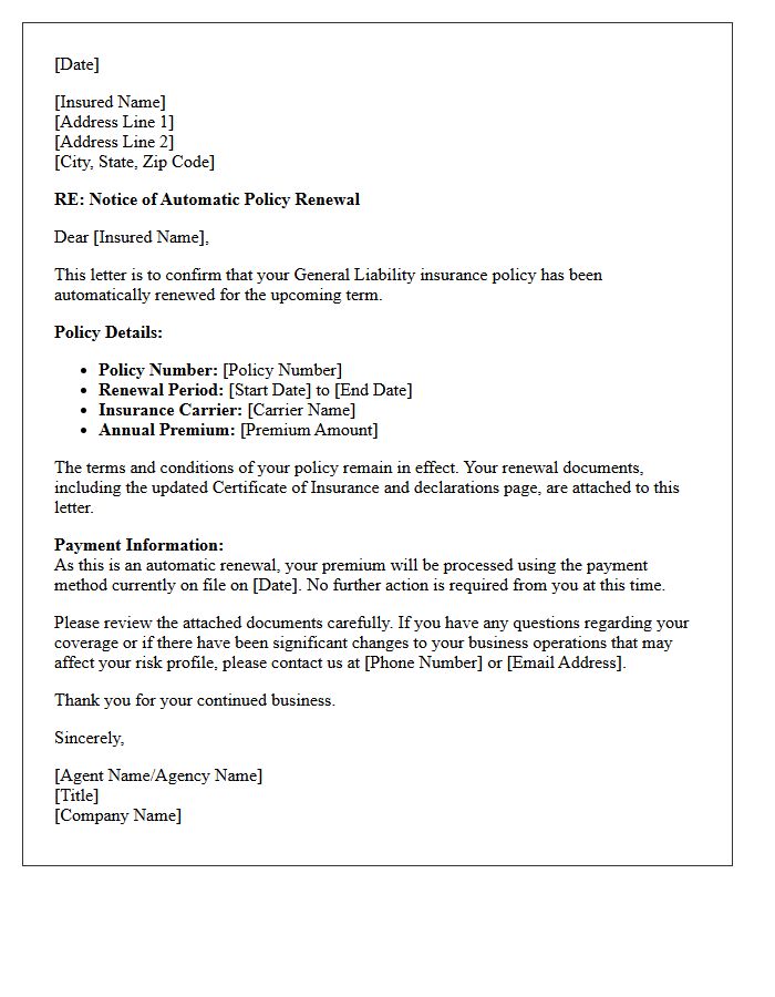 General Liability Policy Automatic Renewal Confirmation Letter