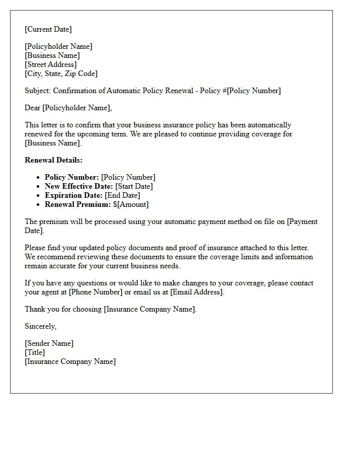 Business Insurance Automatic Policy Renewal Confirmation Letter