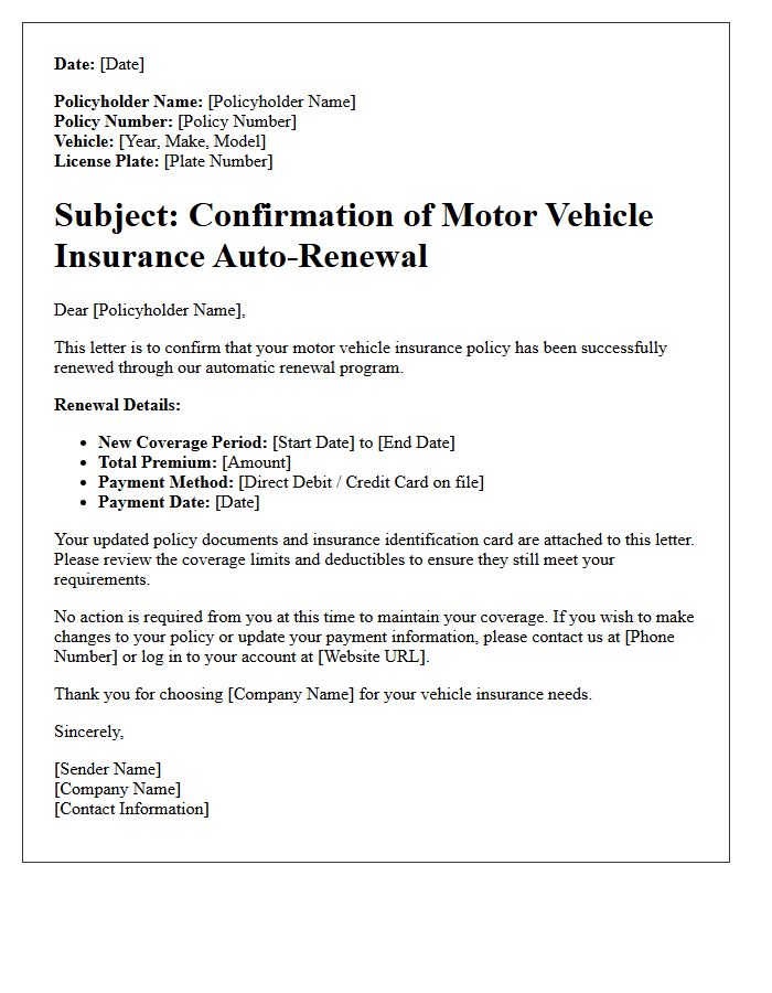 Motor Vehicle Insurance Auto-Renewal Confirmation Letter