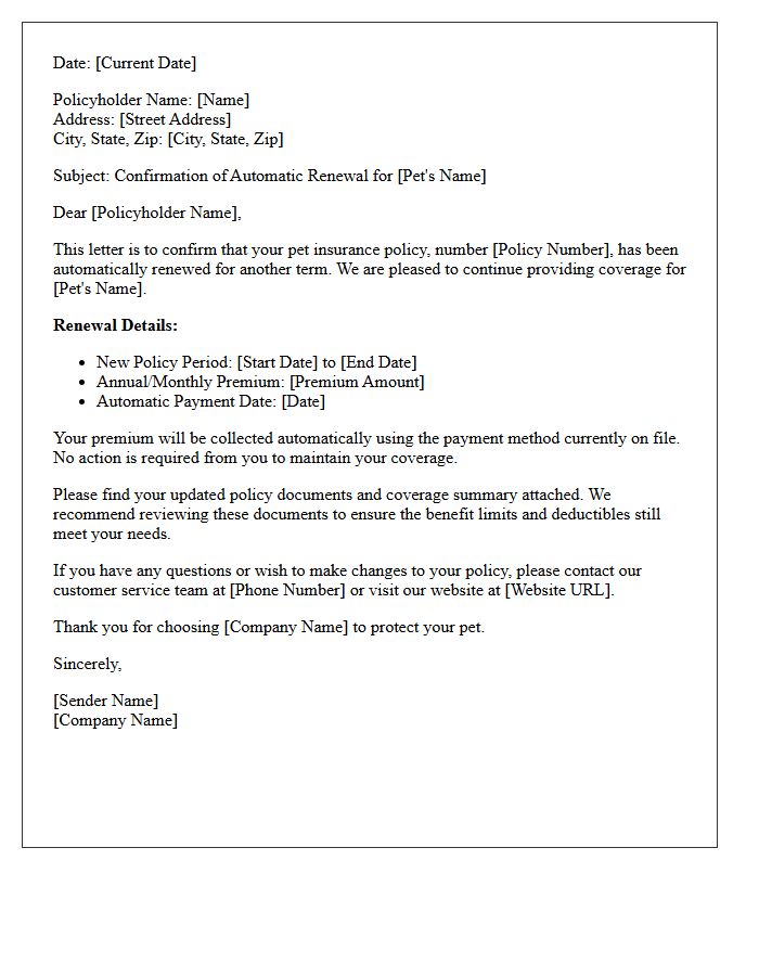 Pet Insurance Automatic Policy Renewal Confirmation Letter