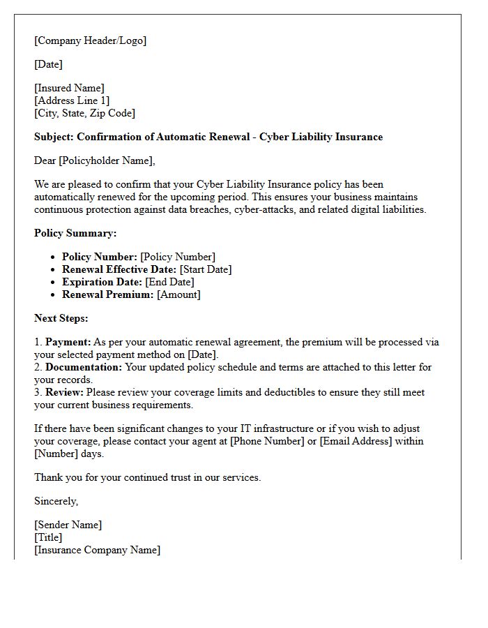 Cyber Liability Automatic Policy Renewal Confirmation Letter