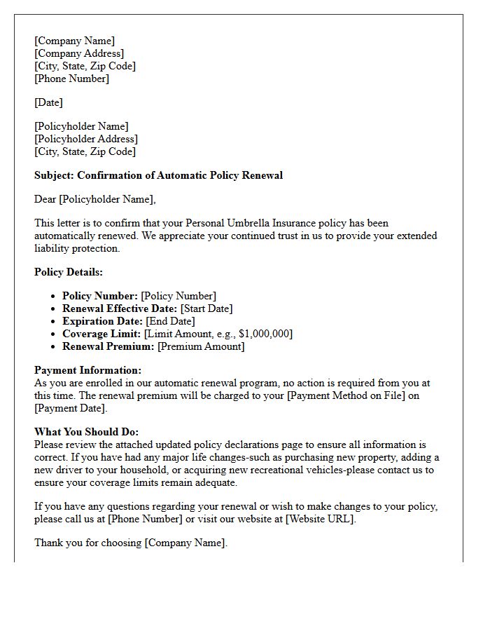 Umbrella Insurance Automatic Policy Renewal Confirmation Letter