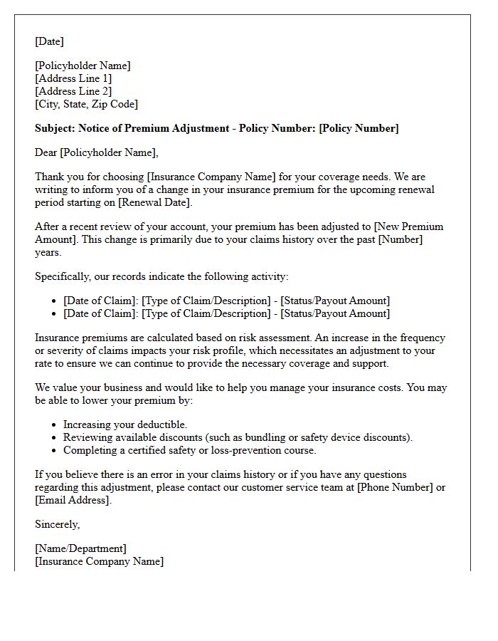 Claims History Premium Increase Explanation Letter