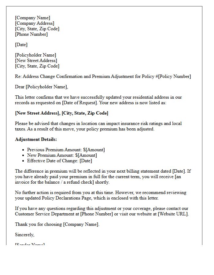 Address Update Confirmation and Premium Adjustment Letter