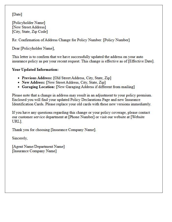 Auto Insurance Address Change Confirmation Letter