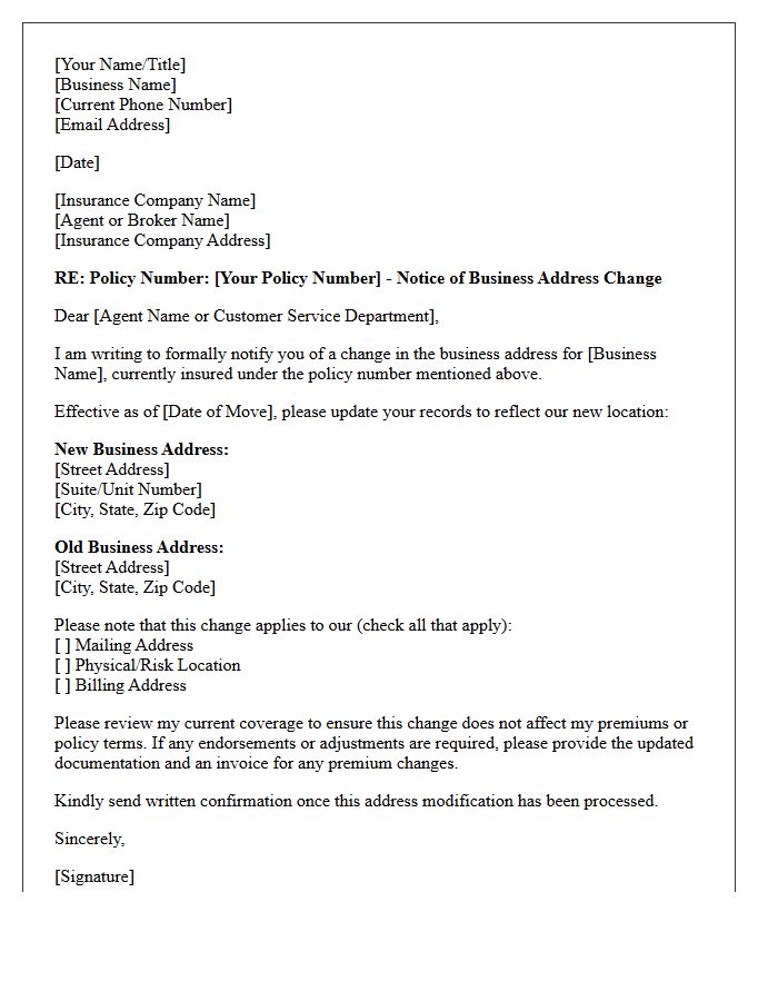 Commercial Insurance Business Address Modification Letter