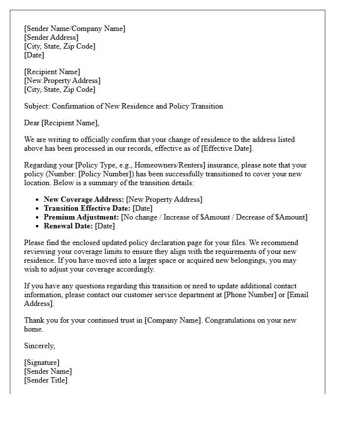 New Residence Confirmation and Policy Transition Letter