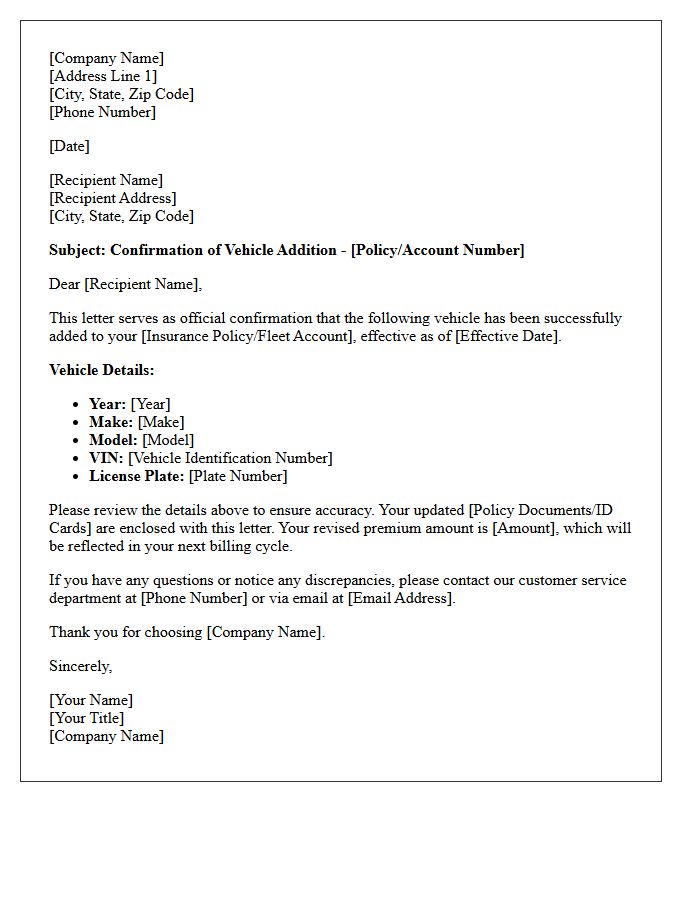 Vehicle Addition Confirmation Letter