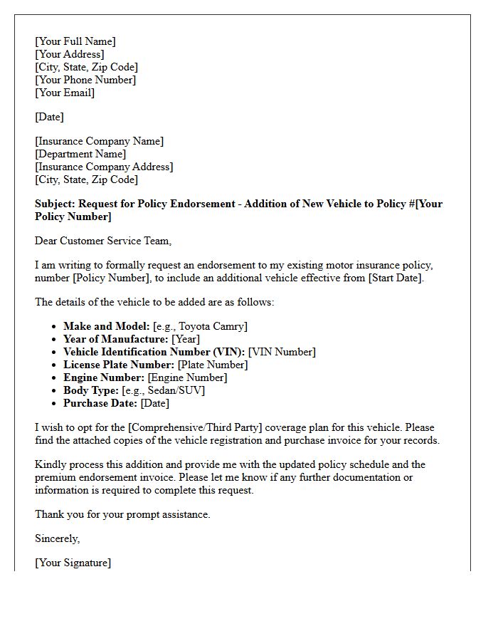 Policy Endorsement Letter for Vehicle Addition