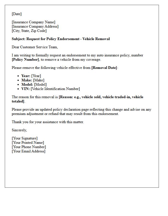 Policy Endorsement Letter for Vehicle Removal