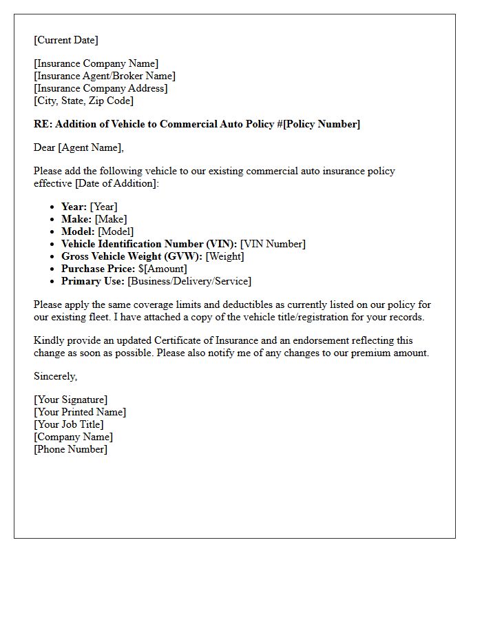 Commercial Auto Vehicle Addition Letter