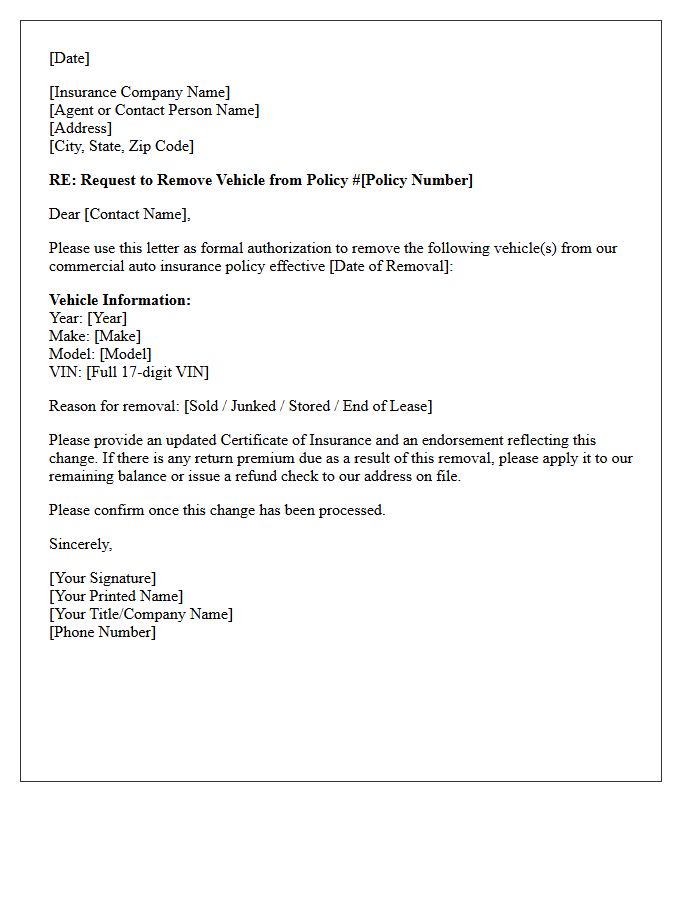 Commercial Auto Vehicle Removal Letter