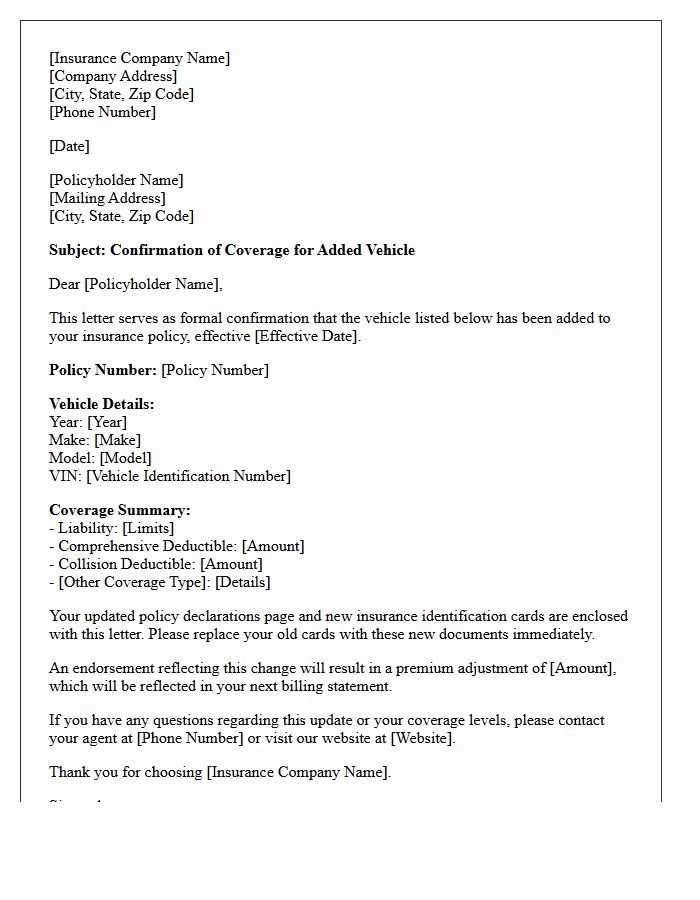 Coverage Confirmation Letter for Added Vehicle