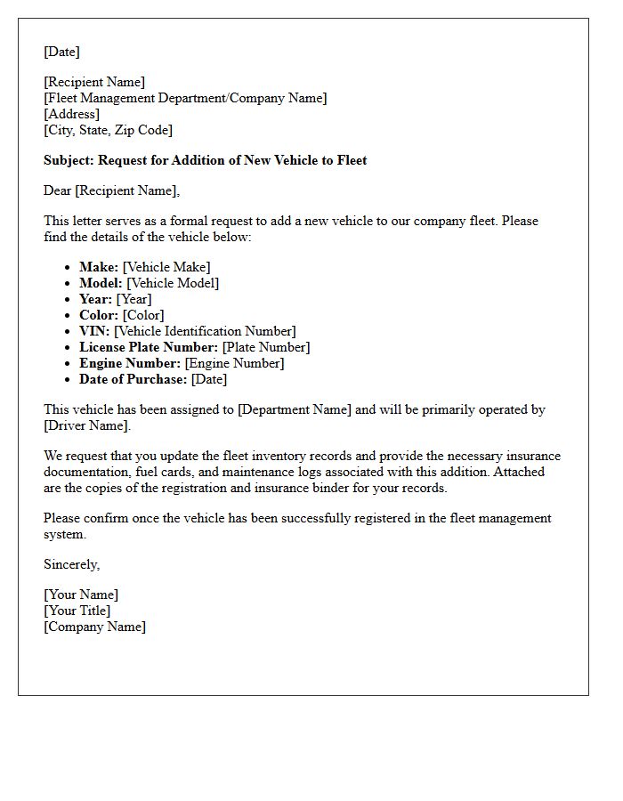 Fleet Management Vehicle Addition Letter