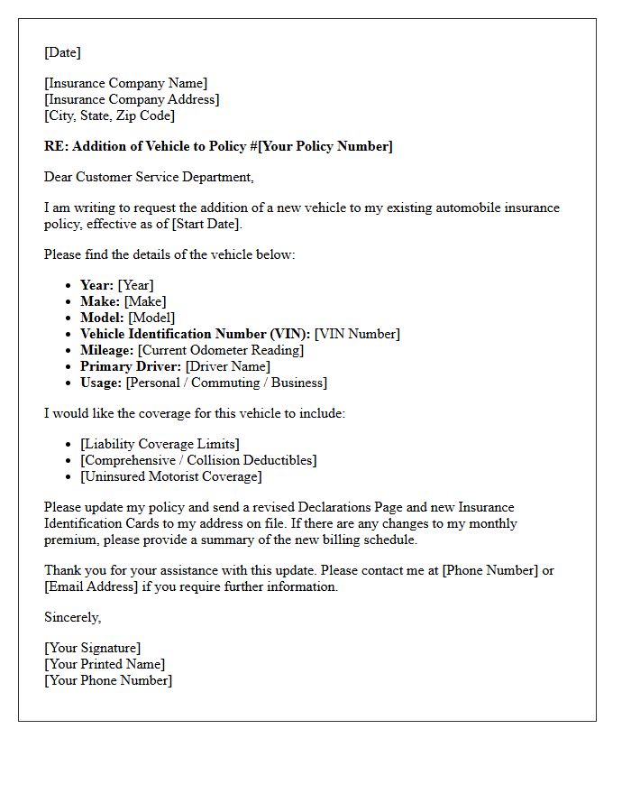 Auto Policy Update Letter for Vehicle Addition