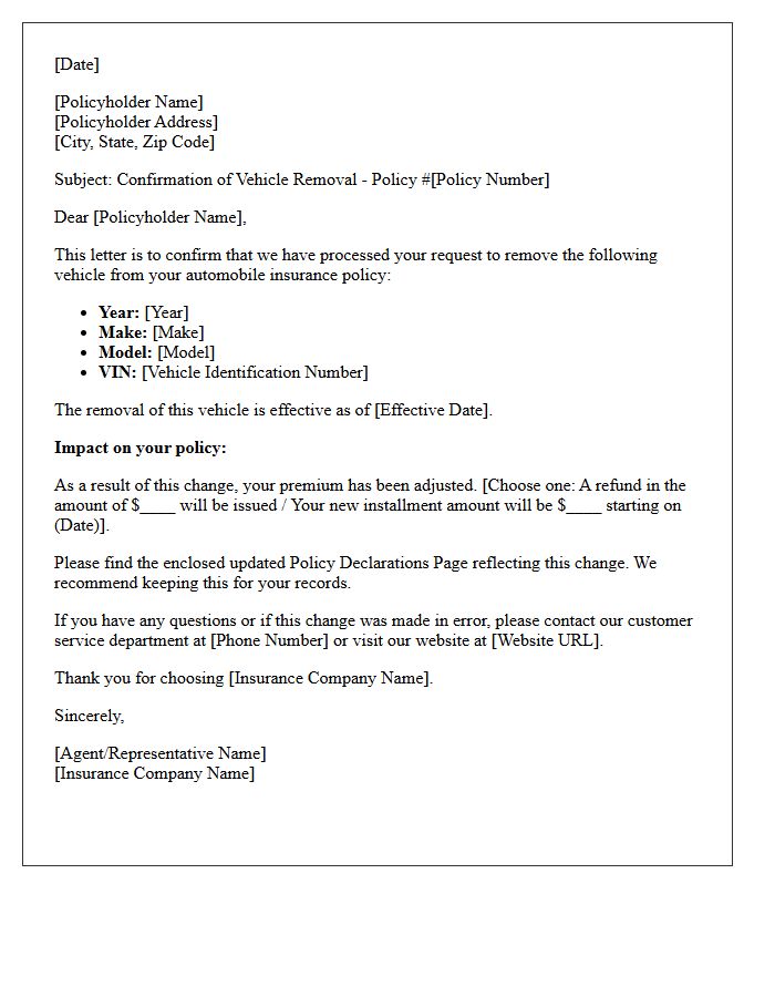 Auto Policy Update Letter for Vehicle Removal