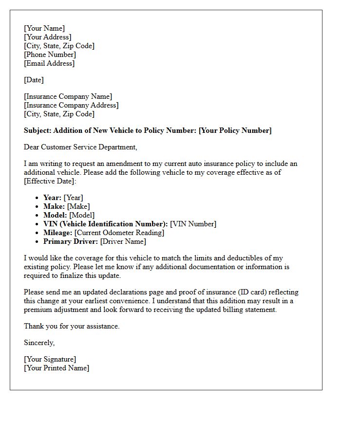 Insurance Policy Change Letter for Vehicle Addition