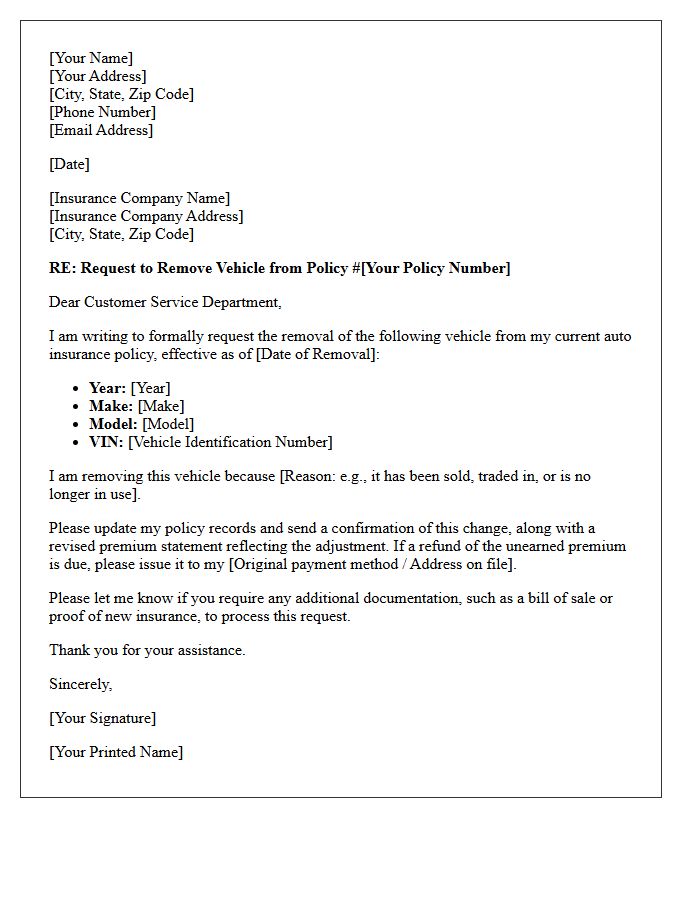 Insurance Policy Change Letter for Vehicle Removal