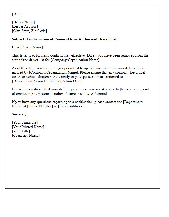Driver Removal Confirmation Letter