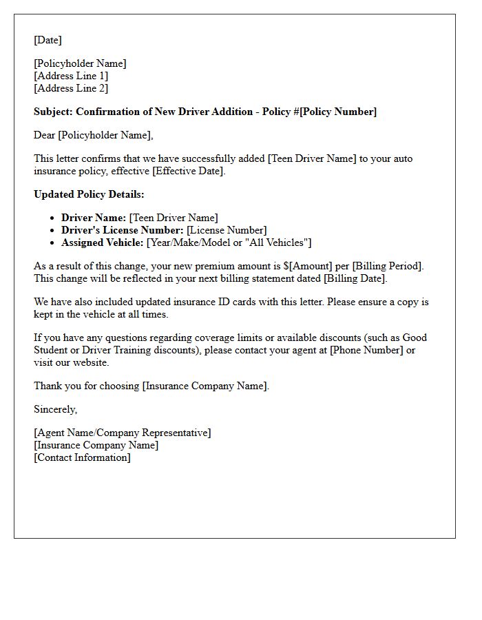 Teen Driver Addition Confirmation Letter