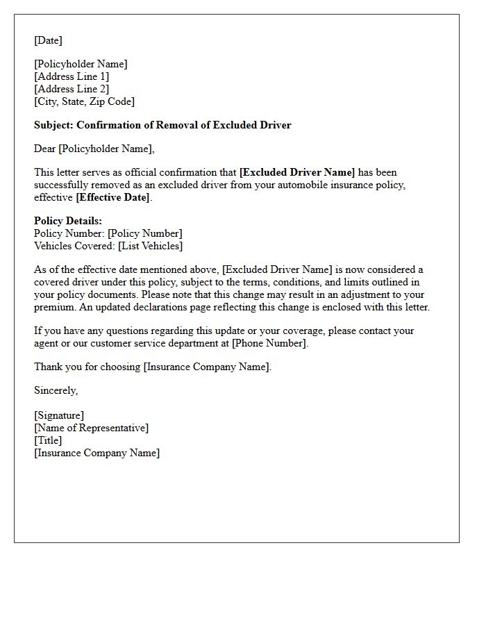 Excluded Driver Removal Confirmation Letter