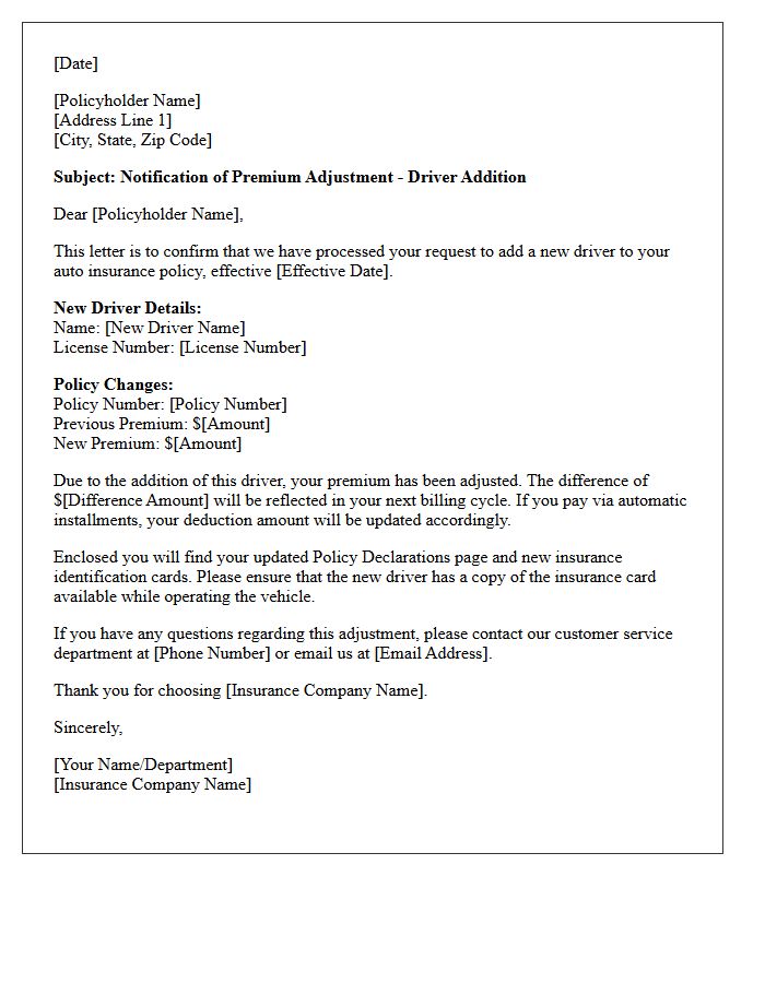 Premium Adjustment For Driver Addition Letter