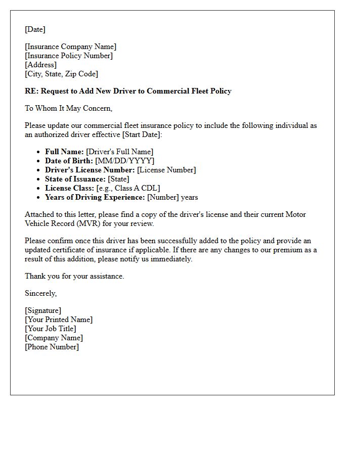 Commercial Fleet Driver Addition Letter