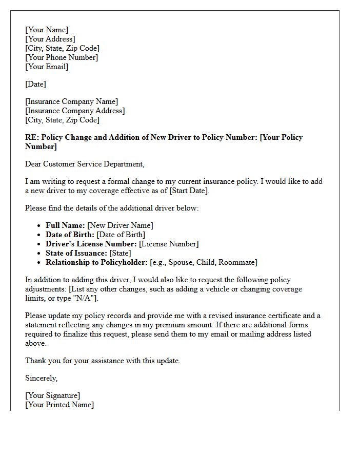 Policy Change And Driver Addition Letter
