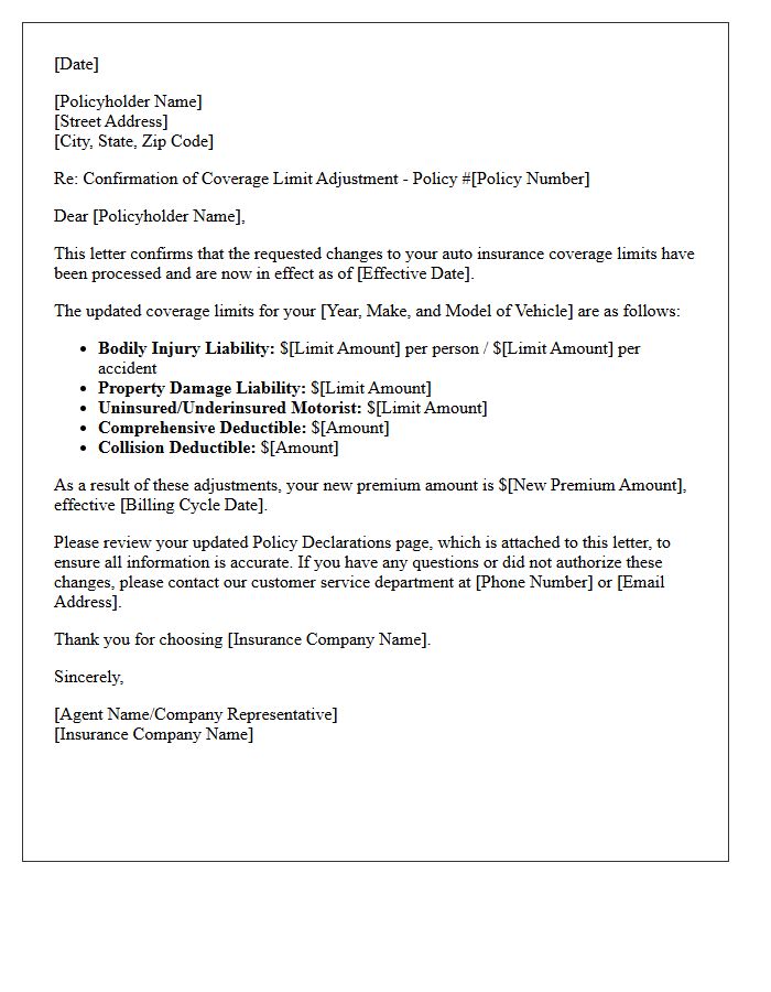 Auto Insurance Coverage Limit Adjustment Confirmation Letter