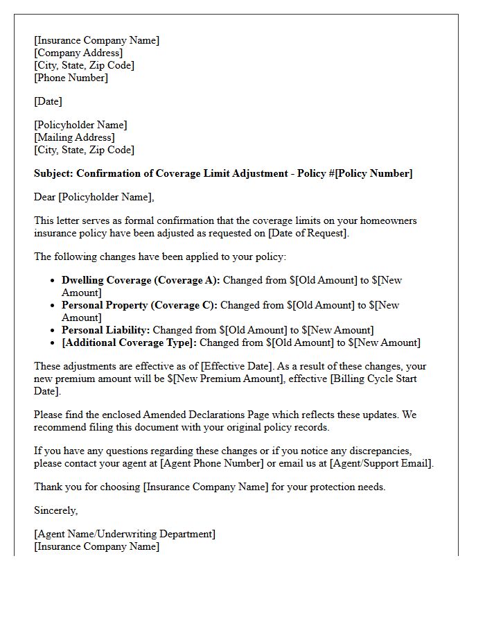 Homeowners Insurance Coverage Limit Adjustment Confirmation Letter