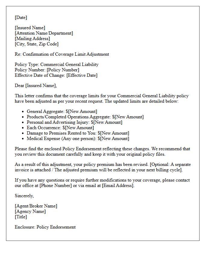 Commercial General Liability Coverage Limit Adjustment Confirmation Letter
