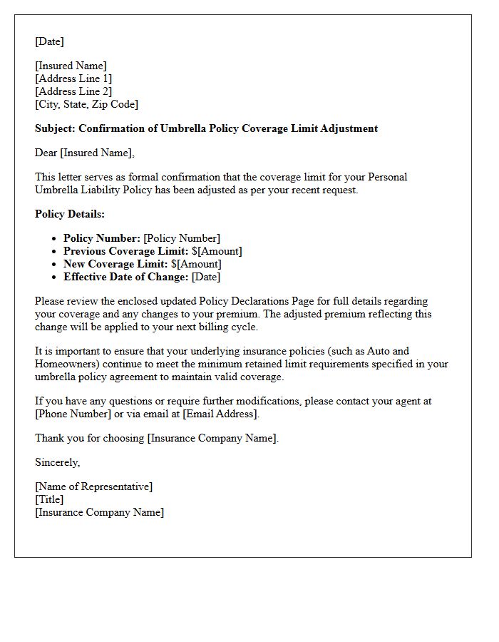 Umbrella Policy Coverage Limit Adjustment Confirmation Letter