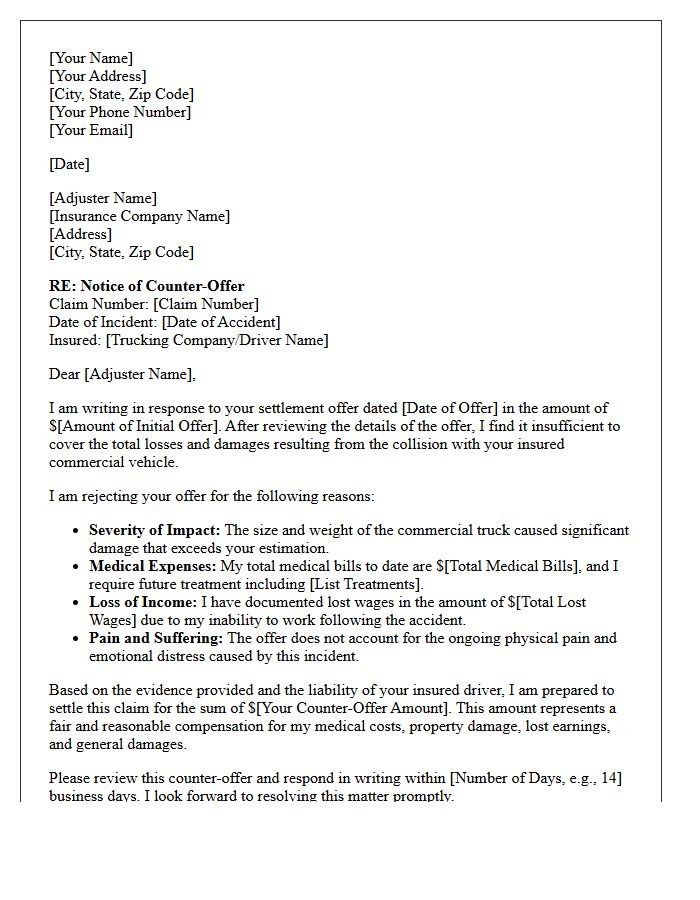 Counter Commercial Trucking Accident Settlement Offer Letter