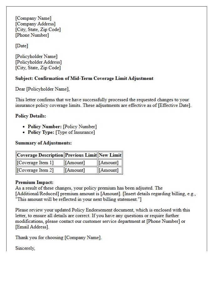 Mid-Term Policy Coverage Limit Adjustment Confirmation Letter