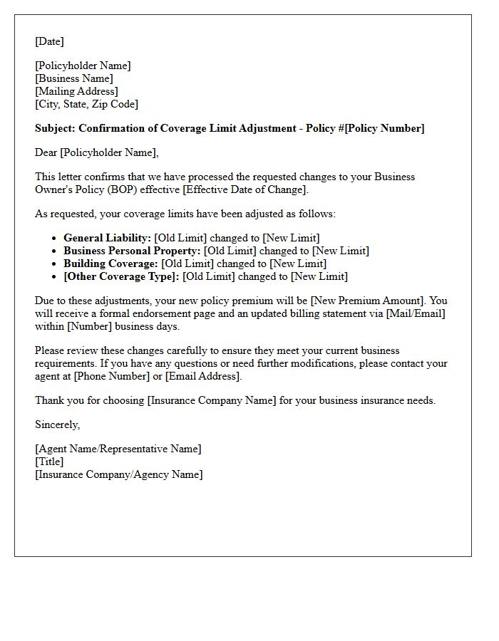 Business Owner Policy Coverage Limit Adjustment Confirmation Letter