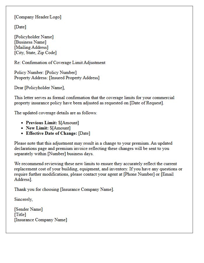 Commercial Property Coverage Limit Adjustment Confirmation Letter