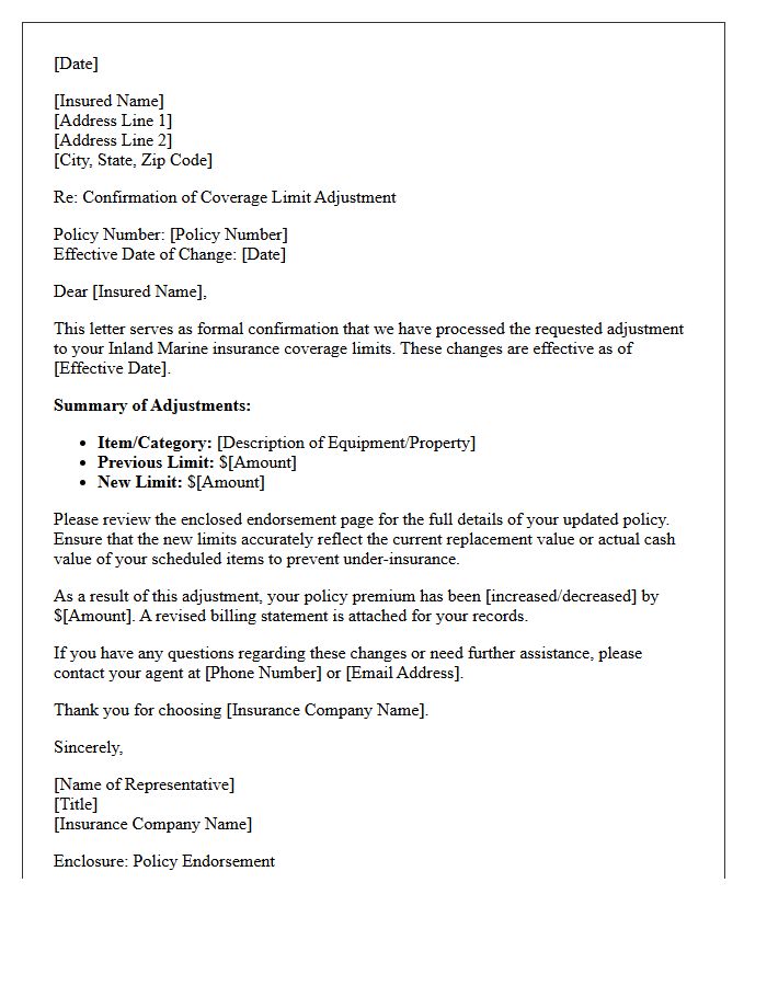 Inland Marine Coverage Limit Adjustment Confirmation Letter